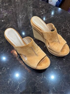 Stuart Weitzman Suede Espadrille Wedge Slides in Tan
